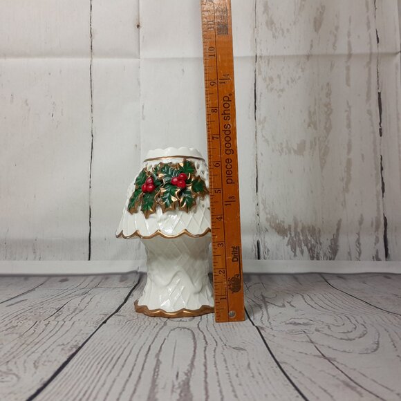 Poinsettia Christmas Tea Light Candle Holder 2pc Gold Red Green Ceramic 7" - Picture 9 of 11